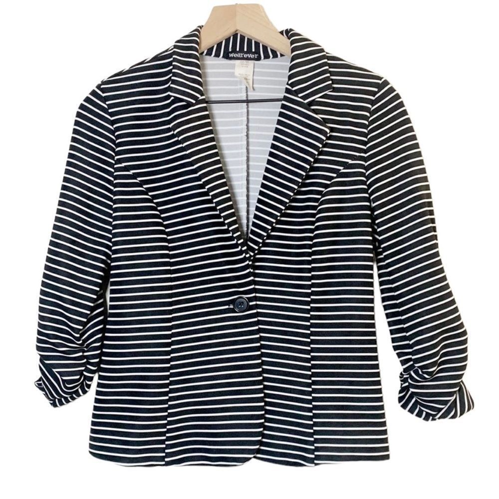 Black & White Striped Blazer with 3/4 Ruched Sleeves Large